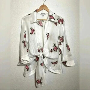 100% Linen floral embroidered tie front bow knit shirt-beach Italy rose boho